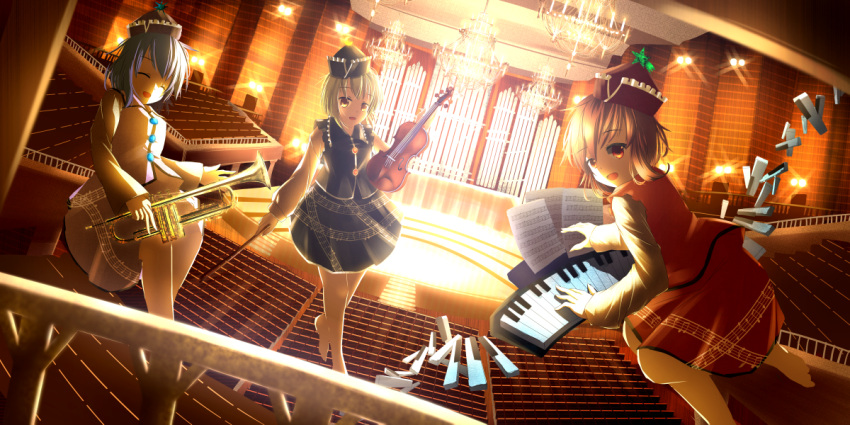 3girls, auditorium, barefoot, blonde_hair, bow_(instrument), brown_hair, chair, chandelier