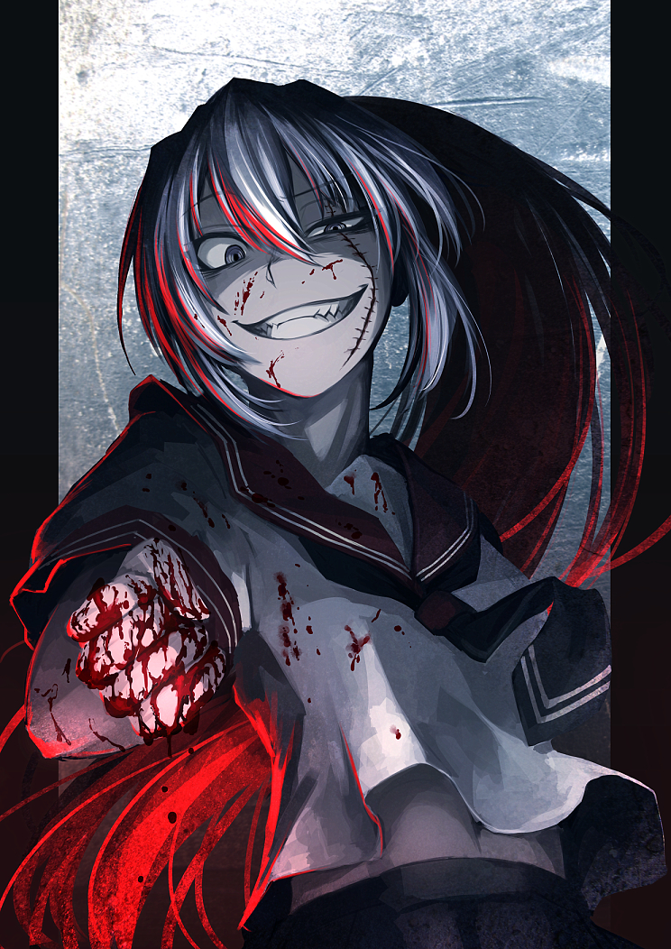 1girl, akuma_no_riddle, banba_shin'ya, blood, blood_on_face, bloody_clothes, blue_eyes, crazy_eyes, grey_hair, grin, hetza_(hellshock), long_hair, navel, ponytail, scar, school_uniform, serafuku, smile, solo