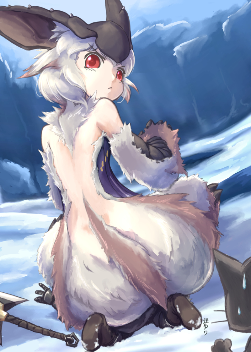 1girl, animal_ears, ass, back, bare_shoulders, from_behind, lagombi, looking_back