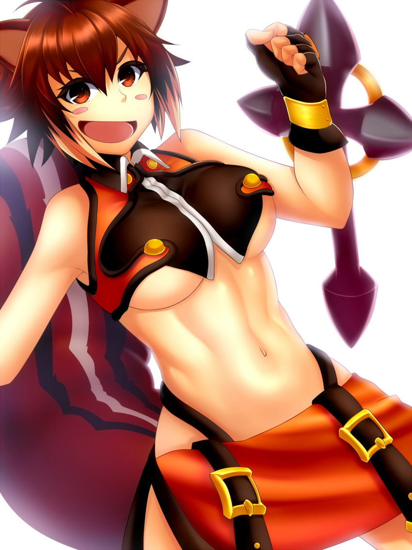 1girl, animal_ears, antenna_hair, bare_shoulders, black_legwear, blazblue, blush_stickers, breasts
