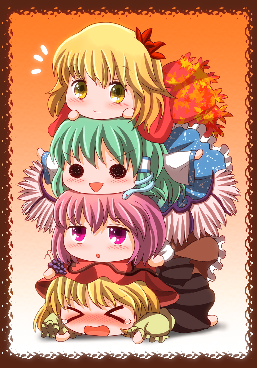 >_<, 4girls, aki_minoriko, aki_shizuha, blonde_hair, border, chibi, chibi_on_head, detached_sleeves, dress, food, fruit, grapes, green_hair, hair_ornament, hat, kochiya_sanae, leaf, leaf_hair_ornament, long_hair, looking_at_viewer, multiple_girls, mystia_lorelei, open_mouth, outstretched_arms, pile-up, pink_eyes, pink_hair, short_hair, smile, snake, snake_hair_ornament, t.m_(aqua6233), tears, touhou, wings, yellow_eyes