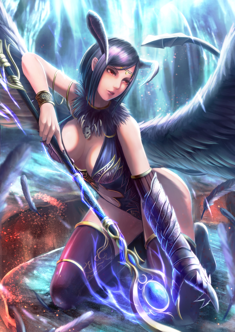 1girl, black_hair, bracelet, breasts, circlet, demon_girl, demon_tail, demon_wings