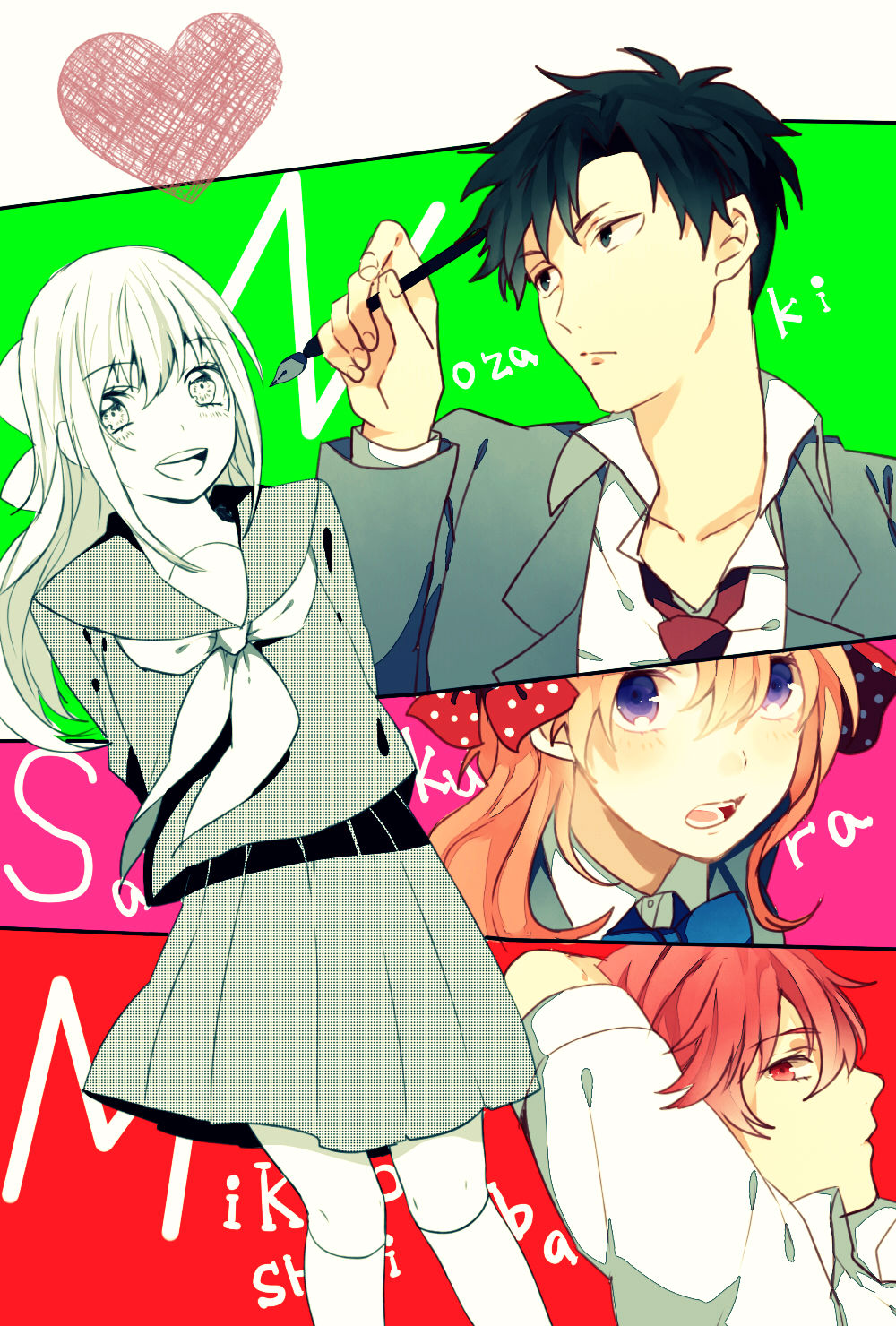 2boys, 2girls, black_hair, blazer, blonde_hair, bow, gekkan_shoujo_nozaki-kun, hair_bow