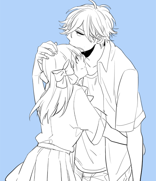 1boy, 1girl, blue_background, bow, gekkan_shoujo_nozaki-kun, hair_bow, hand_on_another's_head, hug