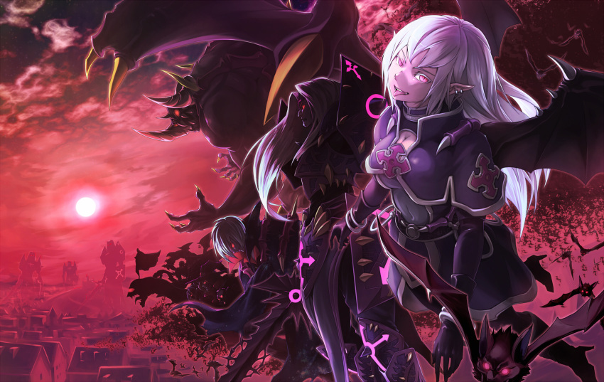 bat, breasts, cleavage, crimson_knight_vampire_bram, duel_monster, earrings, flying, full_moon, glowing, glowing_eyes, hat, highres, horns, imosen, jewelry, looking_at_viewer, moon, red_eyes, red_moon, shield, slit_pupils, sword, tongue, vampire_baby, vampire_dragon, vampire_duke, vampire_genesis, vampire_lord, vampire_sorcerer, vampire_vamp, weapon, white_hair, witch_hat, yuu-gi-ou