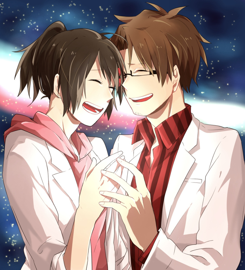 black_hair, closed_eyes, couple, glasses, highres, husband_and_wife, kagerou_project, kayasamad, labcoat, long_hair, short_hair, smile, tateyama_ayaka, tateyama_kenjirou