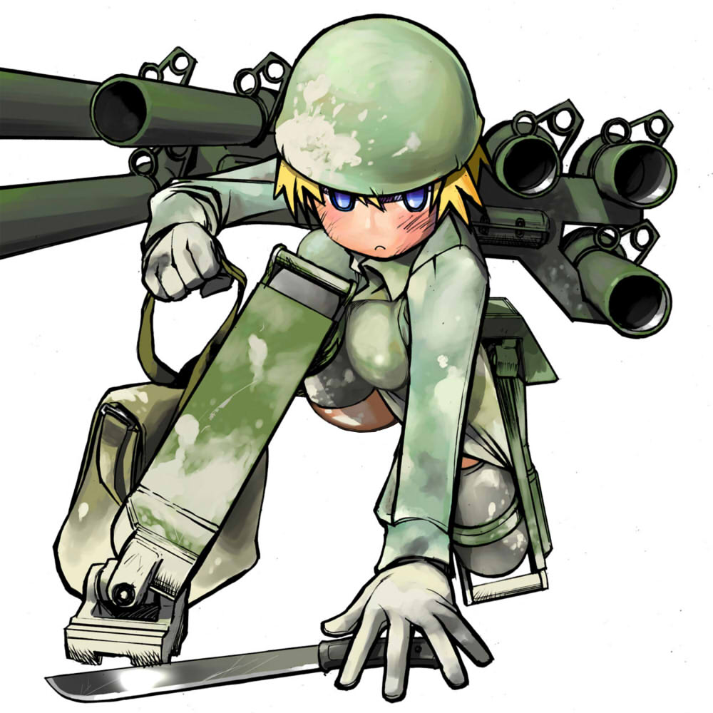 blue_eyes, gloves, helmet, knife, mecha_musume, military, nijiiro_ink, thigh-highs