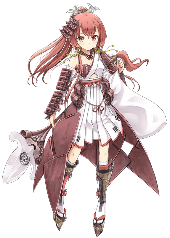 1girl, aidzuwa_kamatsu_(shirohime_quest), hair_ornament, japanese_clothes, long_hair, official_art, red_eyes, redhead