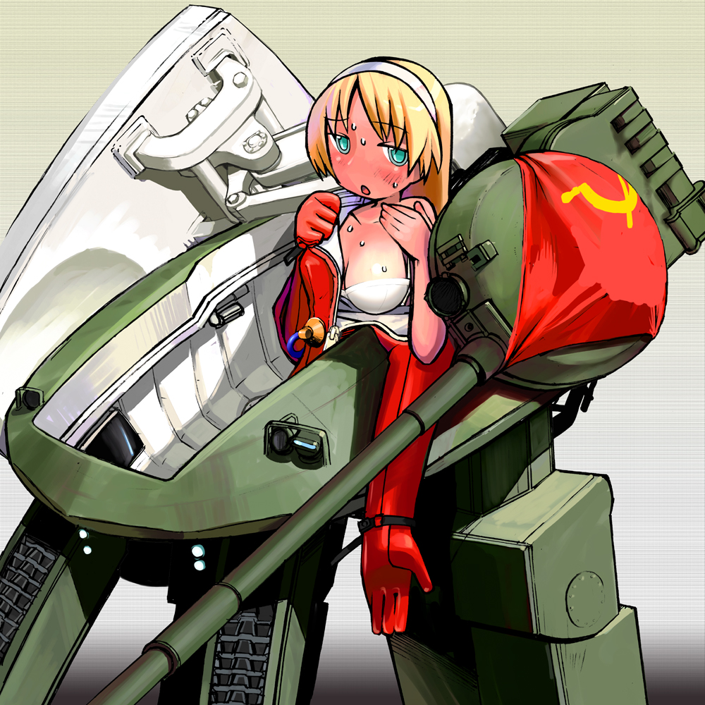 bra, breasts, hairband, lingerie, mecha_musume, military, military_vehicle, nijiiro_ink, obiekt_279, soviet, sweat, tank, underwear, vehicle