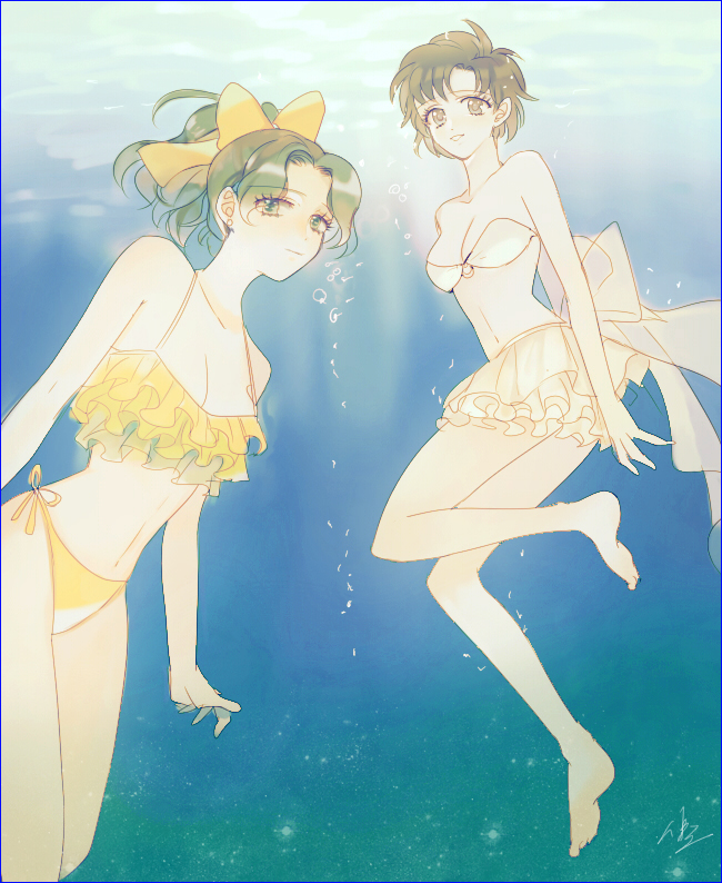 2girls, bikini, bikini_skirt, bishoujo_senshi_sailor_moon, blue_eyes, blue_hair, frilled_bikini, frills, green_eyes, green_hair, kaiou_michiru, mizuno_ami, multiple_girls, ponytail, shamko, short_hair, swimsuit, underwater