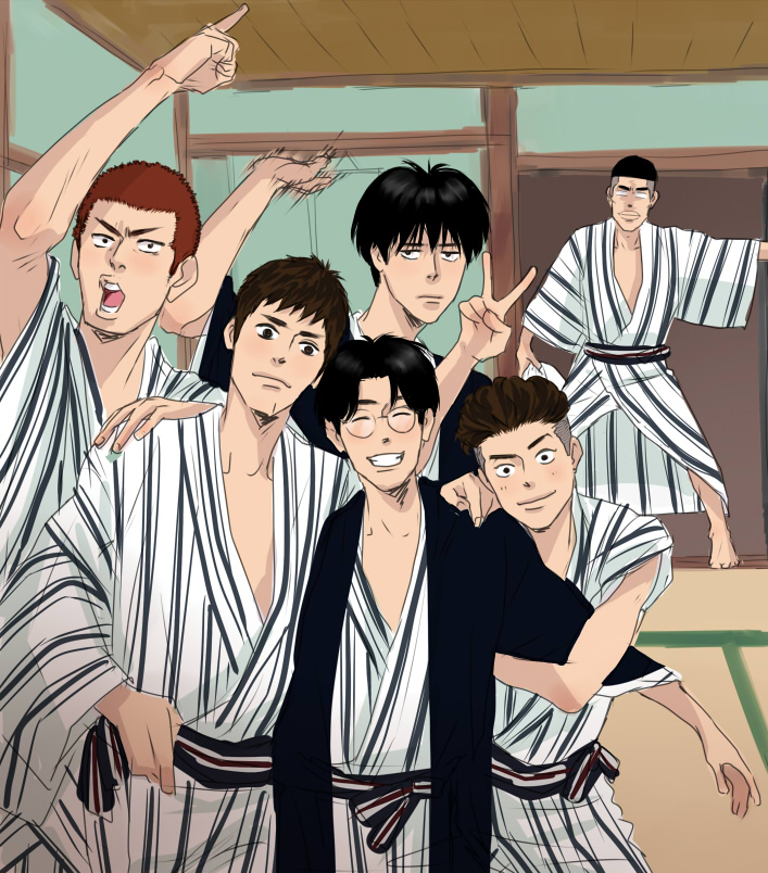6+boys, akagi_takenori, glasses, grin, hand_on_another's_shoulder, indoors, japanese_clothes, kogure_kiminobu, looking_at_viewer, ma2, mitsui_hisashi, miyagi_ryouta, multiple_boys, partially_shaved, rukawa_kaede, sakuragi_hanamichi, short_hair, slam_dunk, smile, very_short_hair