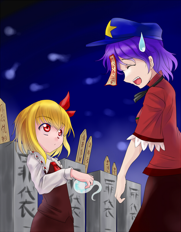 2girls, blonde_hair, blouse, blue_hair, divine_spirit, frilled_sleeves, frills, hair_ribbon