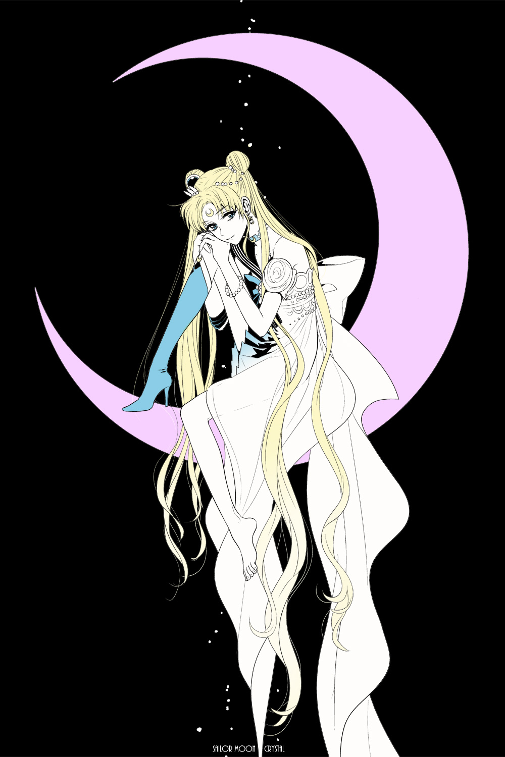 1girl, barefoot, bishoujo_senshi_sailor_moon, bishoujo_senshi_sailor_moon_crystal, blonde_hair, blue_eyes, bracelet, crescent