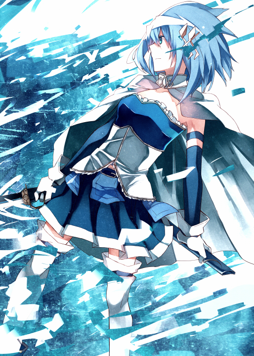 1girl, armband, belt, blue_eyes, blue_hair, cape, gloves, hair_ornament, hairclip, magical_girl, mahou_shoujo_madoka_magica, mahou_shoujo_madoka_magica_movie, miki_sayaka, scabbard, sheath, short_hair, skirt, solo, soudayu, sword, thigh-highs, weapon, zettai_ryouiki