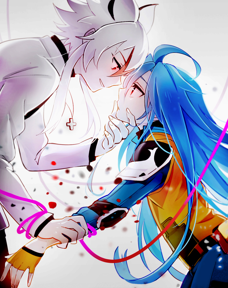2boys, bloomers, blue_hair, chin_grab, eye_contact, fingerless_gloves, future_card_buddyfight, gaen_kyouya, gloves, jewelry, long_hair, looking_at_another, male, multiple_boys, necklace, red_eyes, ryuuenji_tasuku, sekimo, underwear, very_long_hair, white_hair, wrist_grab