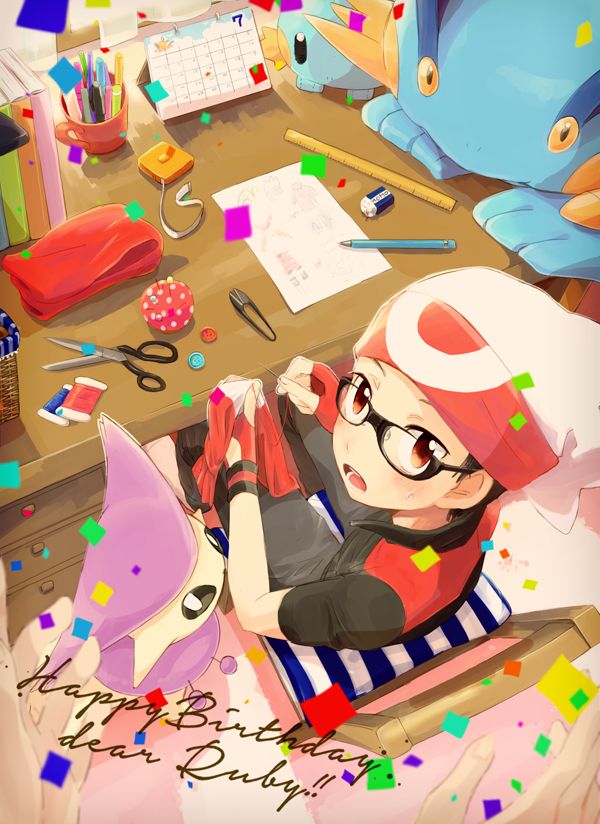 1boy, bandana, black_hair, blush, buttons, calendar_(object), character_name, confetti
