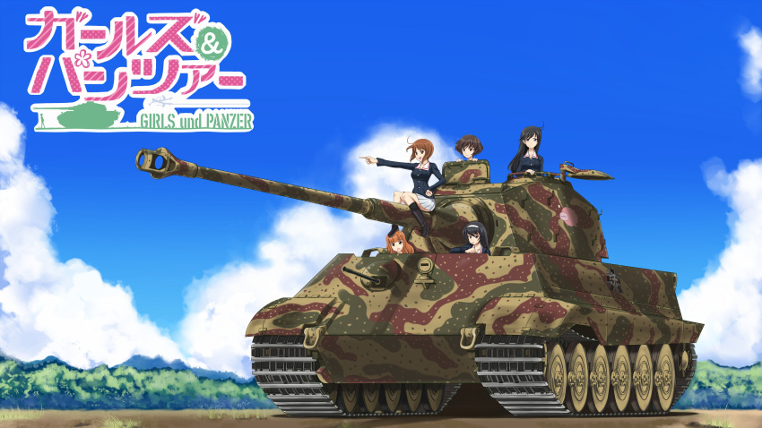 5girls, absurdres, akiyama_yukari, anglerfish, black_eyes, black_hair, black_legwear, blue_hair, boots, clouds, copyright_name, emblem, forest, girls_und_panzer, hairband, hand_on_hip, highres, isuzu_hana, jacket, long_hair, looking_at_viewer, messy_hair, military, military_uniform, military_vehicle, miniskirt, multiple_girls, nature, nishizumi_miho, open_mouth, orange_eyes, orange_hair, outdoors, panzerkampfwagen_viii_maus, pleated_skirt, pointing, predatorss, reizei_mako, short_hair, sitting, skirt, sky, smile, socks, standing, straddling, takebe_saori, tank, uniform, vehicle