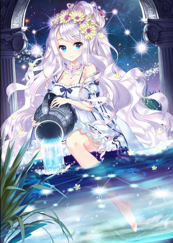 1girl, aquarius, arch, barefoot, blue_eyes, constellation, dress, e-nya