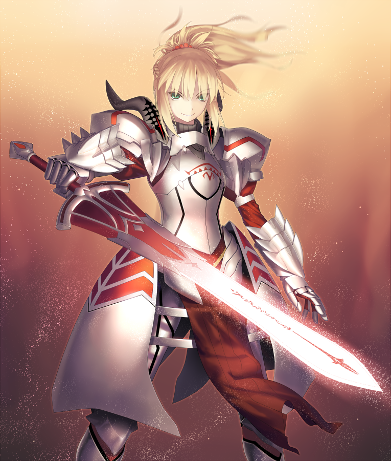 1girl, armor, blonde_hair, breastplate, clarent, fate/apocrypha, fate/stay_night, fate_(series), gauntlets, pauldrons, ponytail, saber_of_red, scrunchie, smile, solo, sword, tsukikanade, weapon