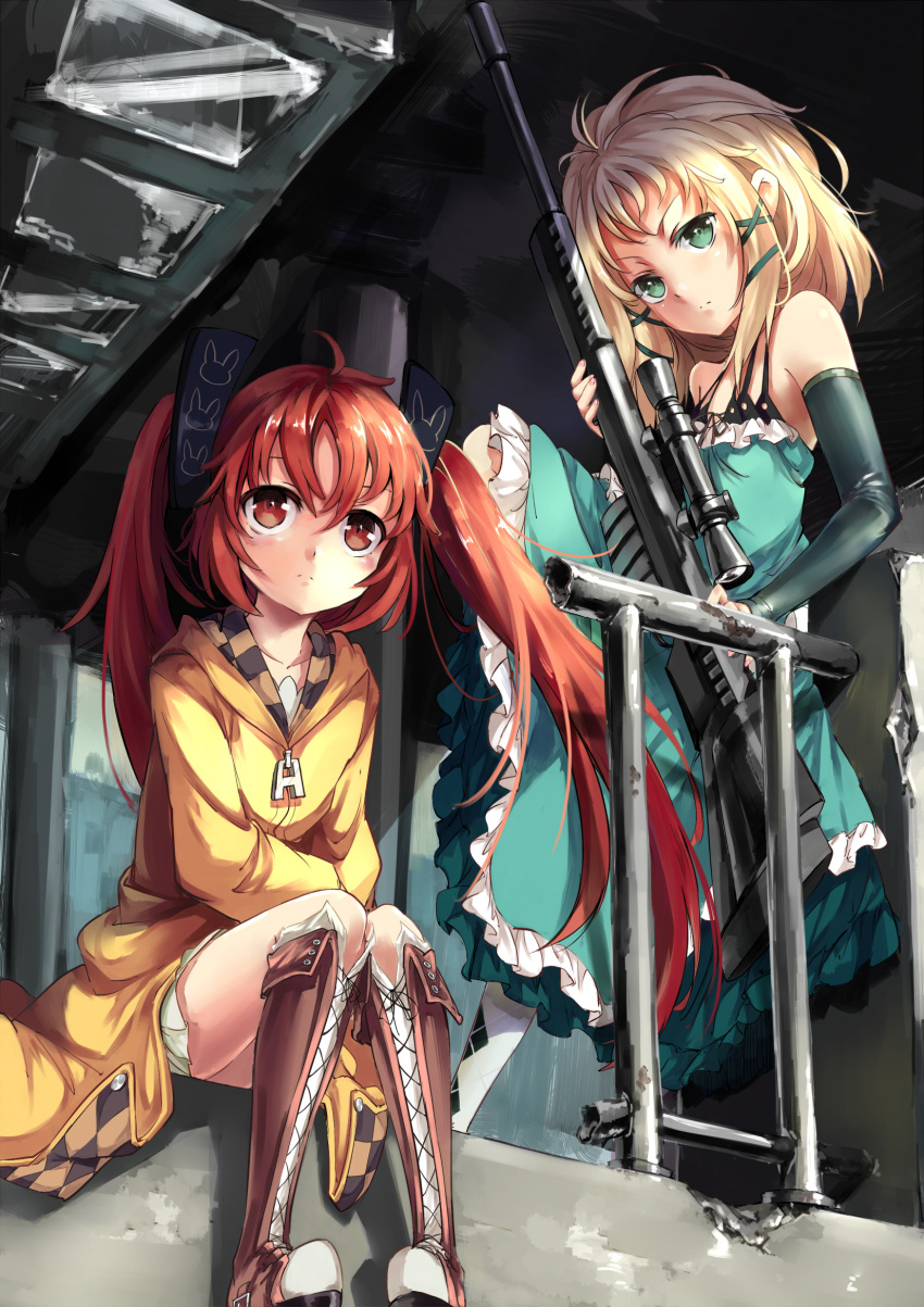 2girls, aihara_enju, argyle, argyle_legwear, bare_shoulders, black_bullet, blonde_hair, blue_eyes