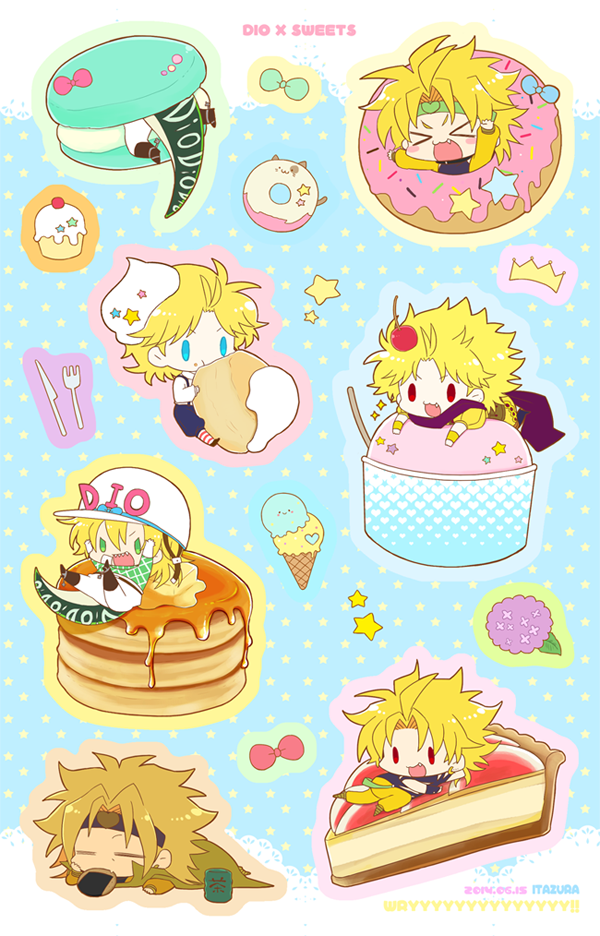 amazu_(tokyo), blonde_hair, blue_eyes, cake, chibi, diego_brando, dio_brando, food