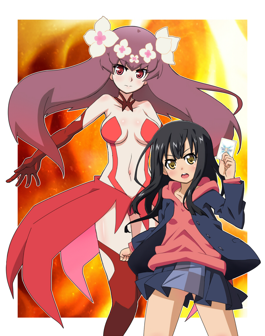 2girls, black_hair, flower, hair_flower, hair_ornament, hanayo_(wixoss), hoodie, kurebayashi_yuzuki