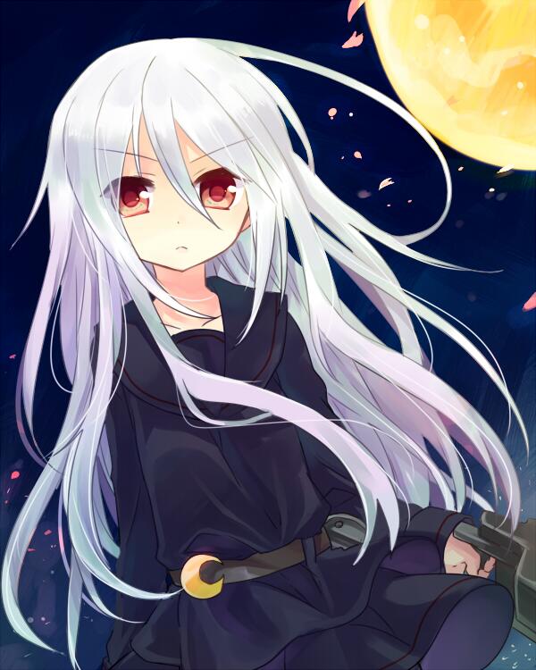 1girl, cherry_blossoms, crescent, kantai_collection, kikuzuki_(kantai_collection), long_hair, moon, moonlight