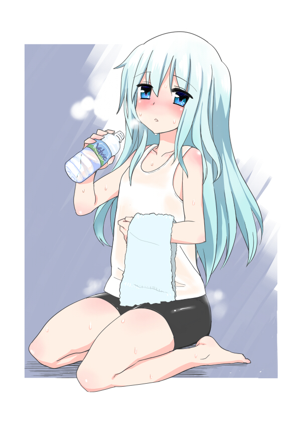 1girl, alternate_costume, barefoot, bike_shorts, blue_eyes, blush, bottle, chameleon_(ryokucha_combo), hibiki_(kantai_collection), kantai_collection, long_hair, looking_at_viewer, silver_hair, solo, sweat, towel, water_bottle