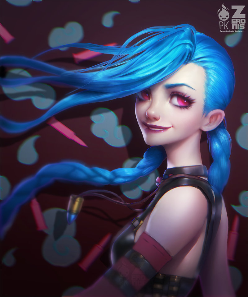 1girl, bare_shoulders, biting, blue_hair, braid, bullet, jewelry, jinx_(league_of_legends)