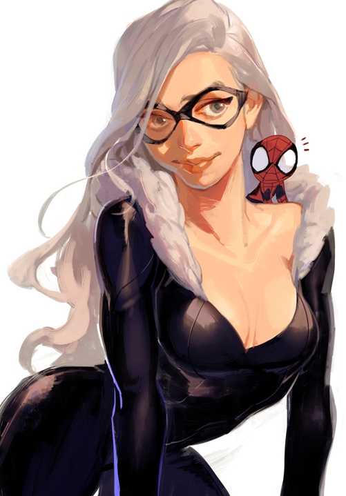1girl, black_cat_(marvel), bodysuit, breasts, chibi, cleavage, fur_trim, green_eyes
