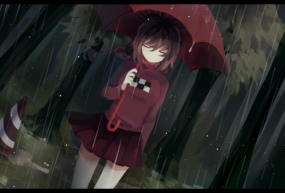 1girl, braid, brown_hair, casual, closed_eyes, dutch_angle, holding, madotsuki