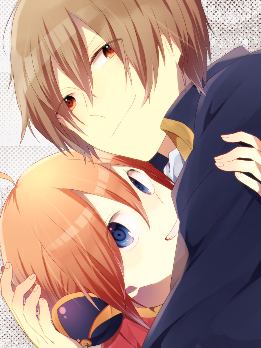 1boy, 1girl, blue_eyes, brown_hair, bun_cover, couple, double_bun, gintama