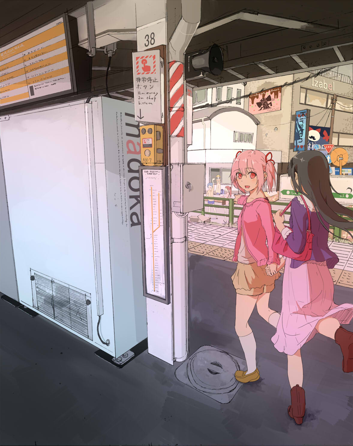2girls, akemi_homura, bag, black_hair, casual, hair_ribbon, hairband, handbag, highres, holding_hands, kaname_madoka, long_hair, looking_at_another, mahou_shoujo_madoka_magica, multiple_girls, pink_eyes, pink_hair, ribbon, saya_(riongirl-only1), short_hair, short_twintails, shorts, skirt, twintails, yuri