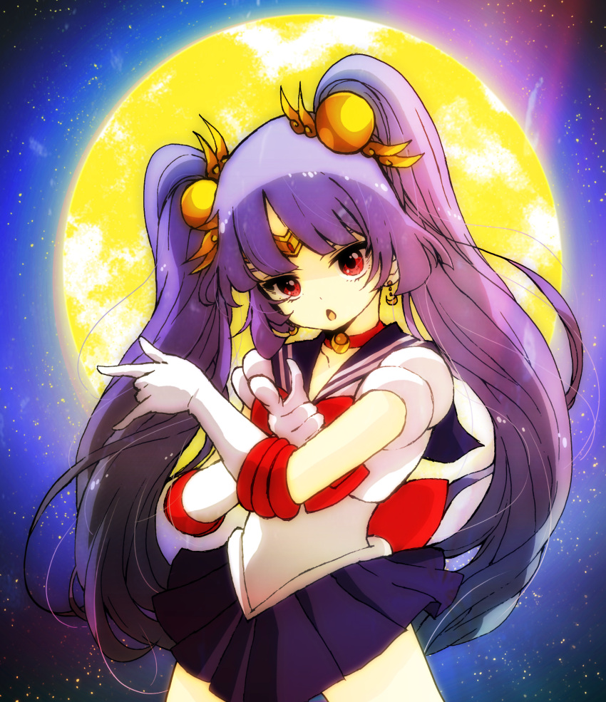 1girl, \m/, bishoujo_senshi_sailor_moon, blue_skirt, choker, circlet, crescent_moon, elbow_gloves