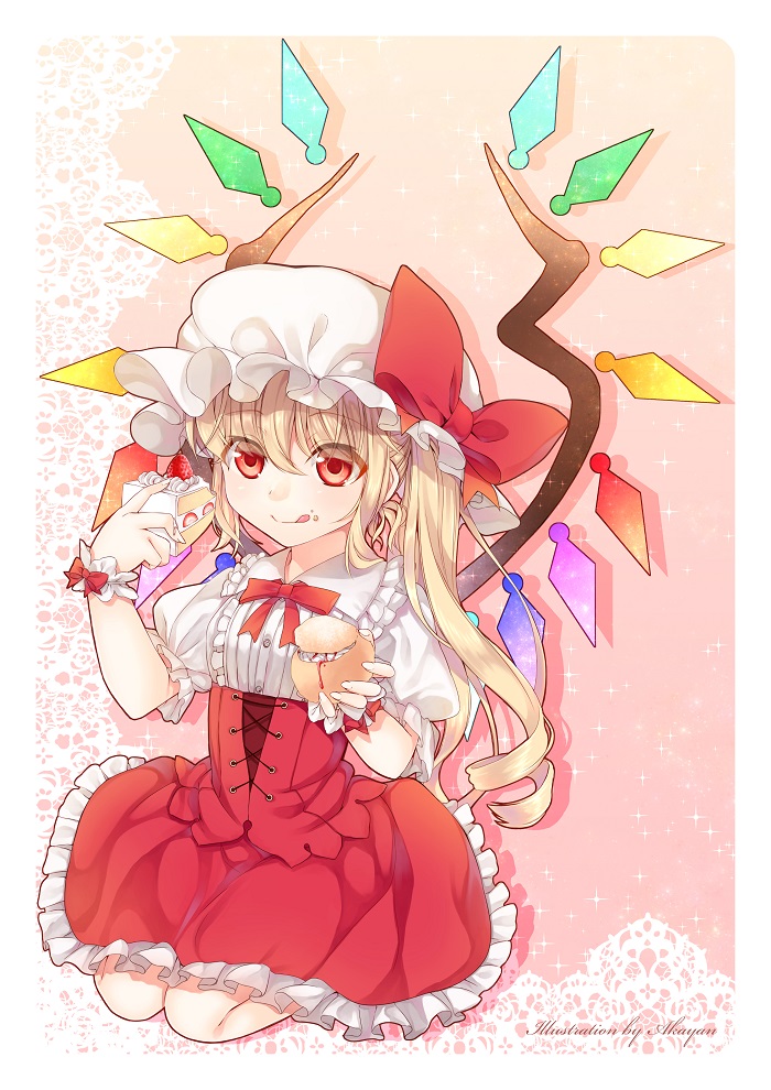 1girl, akayan, arm_warmers, blonde_hair, bow, cake, commentary_request, corset