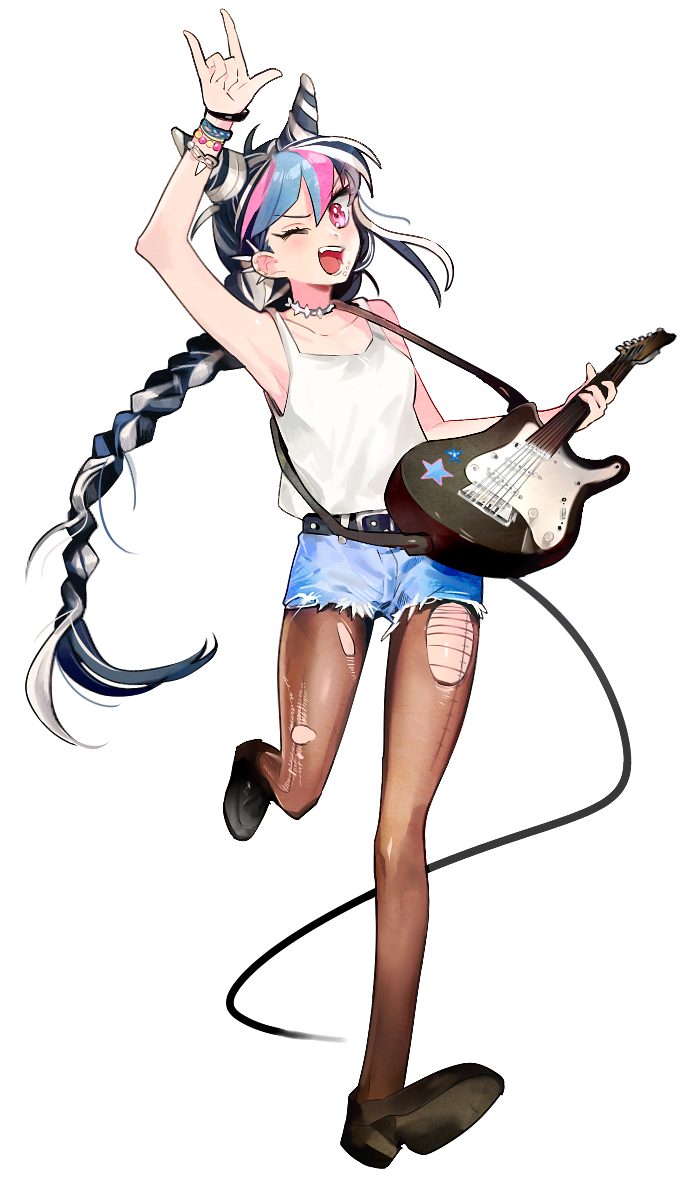 1girl, \m/, armband, armpits, belt, black_hair, blue_hair, dangan_ronpa
