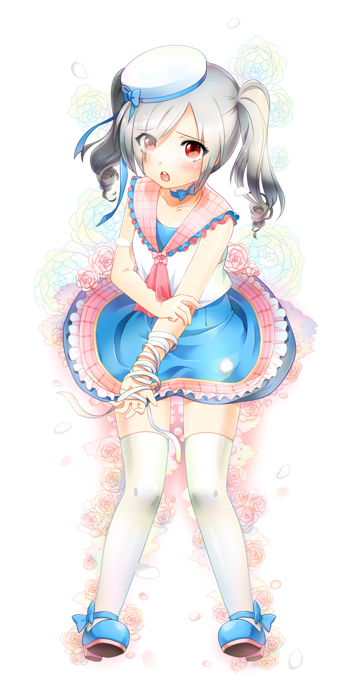 1girl, ann_hodo, bandages, dress, flower, hair_over_one_eye, hat, highres