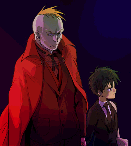 2boys, bag, black_hair, brown_eyes, cape, darren_shan, formal, frown