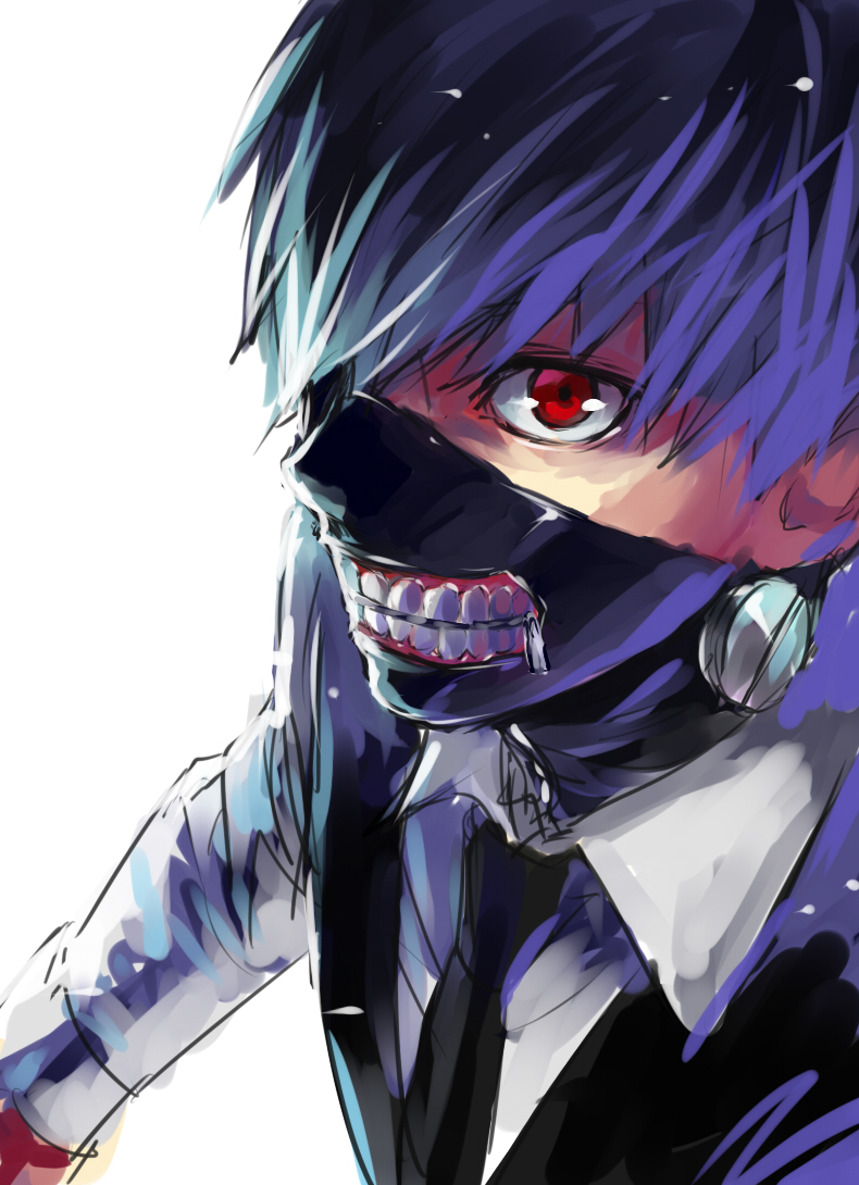 1boy, kaneki_ken, mask, red_eyes, shiromi_(ringo), tokyo_ghoul, uniform, white_hair