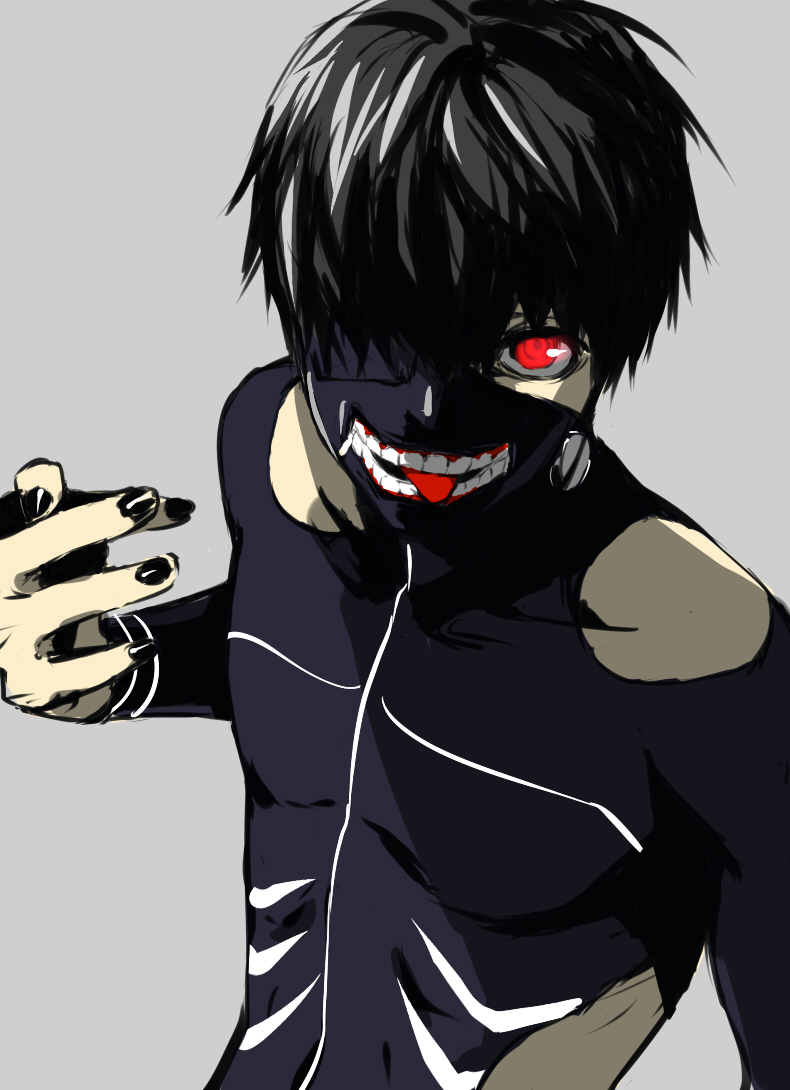 1boy, black_hair, kaneki_ken, mask, nail_polish, red_eyes, shiromi_(ringo), tokyo_ghoul