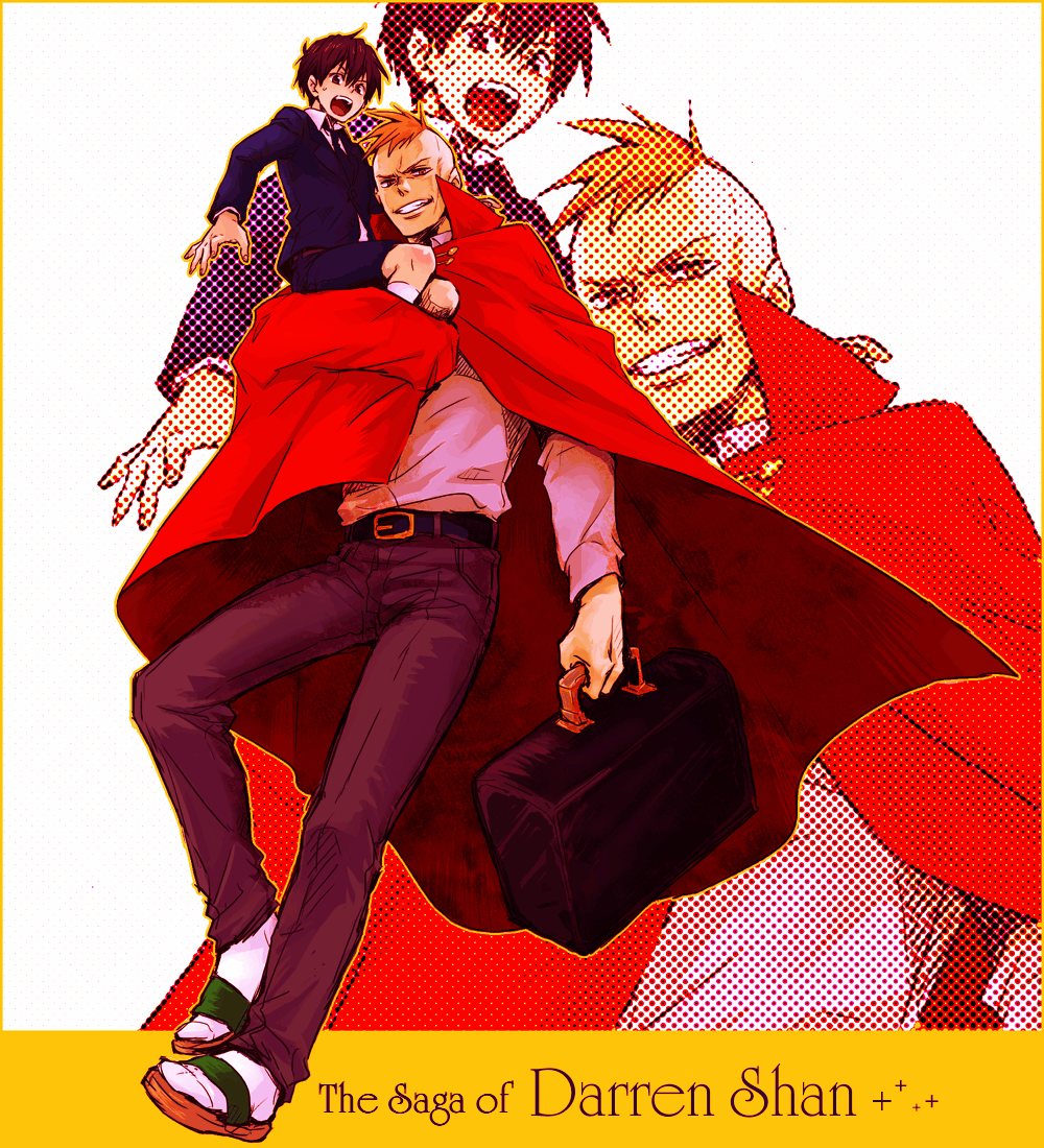 2boys, belt, black_hair, cape, carrying, copyright_name, darren_shan, mr._larten_crepsley