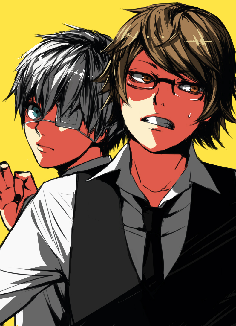 2boys, brown_eyes, brown_hair, eyepatch, glasses, kaneki_ken, multiple_boys, nail_polish
