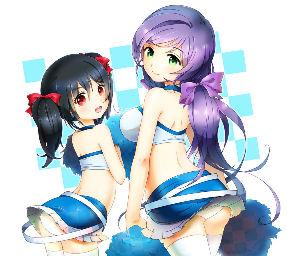 2girls, :d, ann_hodo, black_hair, blue_skirt, breasts, cheerleader, green_eyes