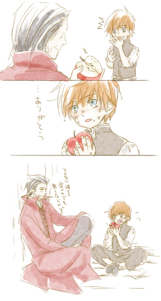 2boys, apple, black_hair, blue_eyes, comic, eating, food, fruit