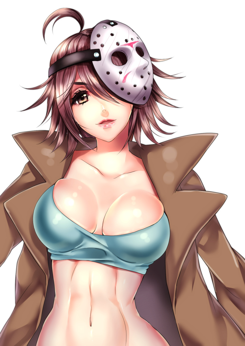 1girl, ahoge, breasts, brown_eyes, brown_hair, cleavagefemale, friday_the_13th, genderswap