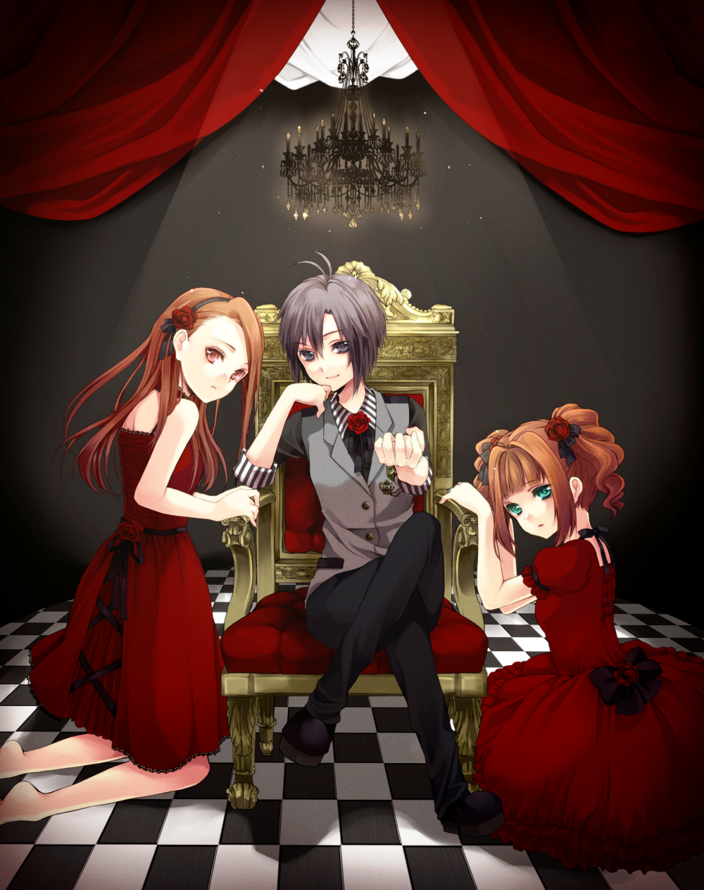 3girls, antenna_hair, aqua_eyes, black_eyes, black_hair, brown_hair, chandelier, checkered, checkered_floor, crossed_legs, flower, hair_ornament, hairband, highres, idolmaster, karasumakarma1225, kikuchi_makoto, kneeling, looking_at_viewer, minase_iori, multiple_girls, number, orange_hair, red_eyes, sitting, takatsuki_yayoi, twintails