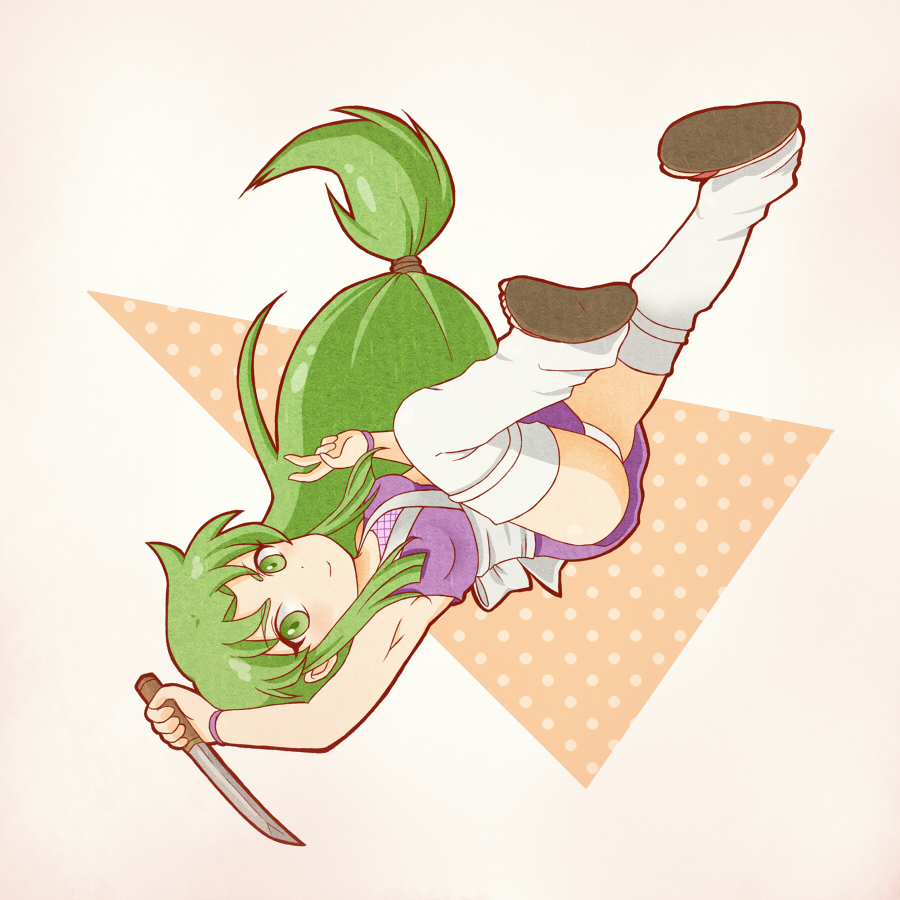 1girl, armpits, chairoino_ino, ganbare_goemon, green_eyes, green_hair, japanese_clothes, knife
