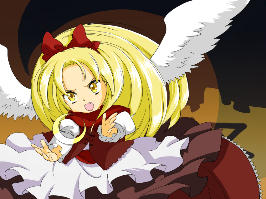 >:d, 1girl, :d, blonde_hair, bow, crescent_moon, dress, fang, feathered_wings, frilled_sleeves, frills, gengetsu, hair_bow, highres, lace, lace-trimmed_dress, long_hair, long_sleeves, moon, open_mouth, red_bow, red_scarf, scarf, smile, solo, touhou, touhou_(pc-98), ukanmuri, vest, white_wings, wings, yellow_eyes