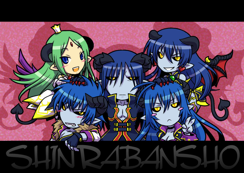 alfine, astaroth, beelzebub_(shinrabansho), belial_(shinrabansho), blue_eyes, blue_hair, blue_skin, blush