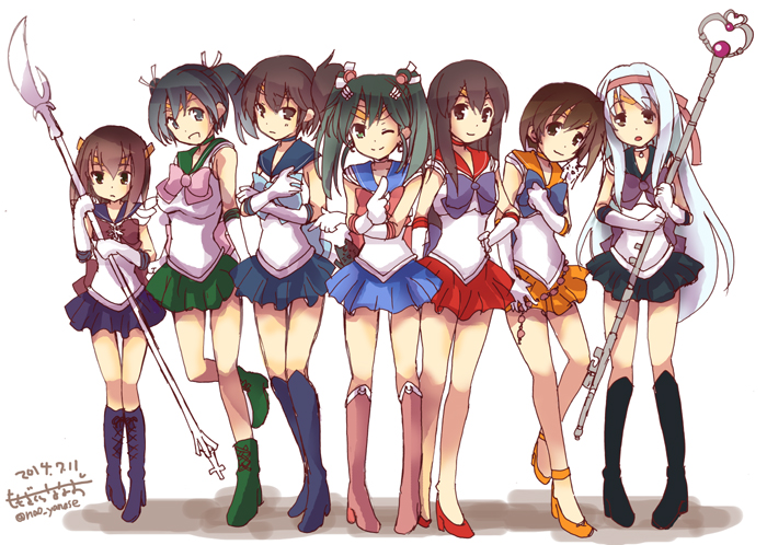 6+girls, akagi_(kantai_collection), bishoujo_senshi_sailor_moon, black_hair, blue_eyes, blue_hair, blue_skirt, boots